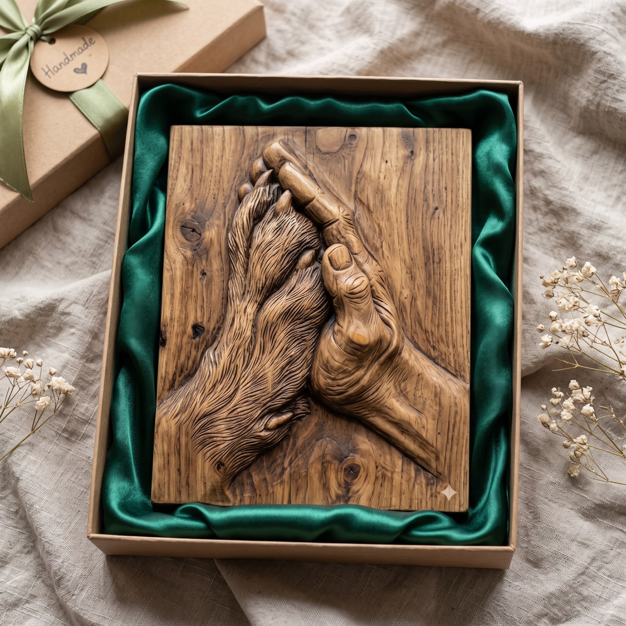 Human Hand Cradling a Dog's Paw Bas-Relief STL carved in wood