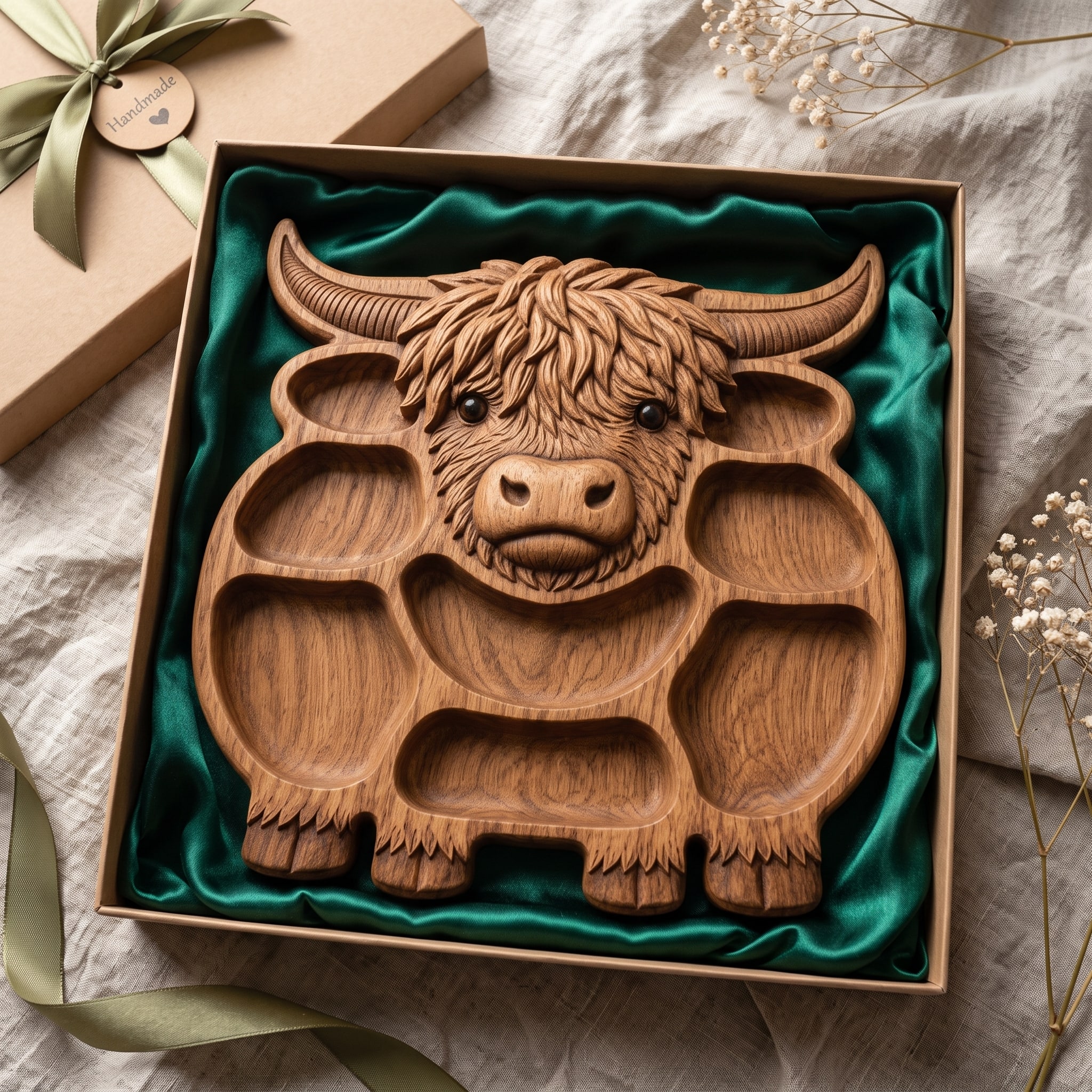 Highland Cow Serving Tray STL with Snack Compartments carved in wood