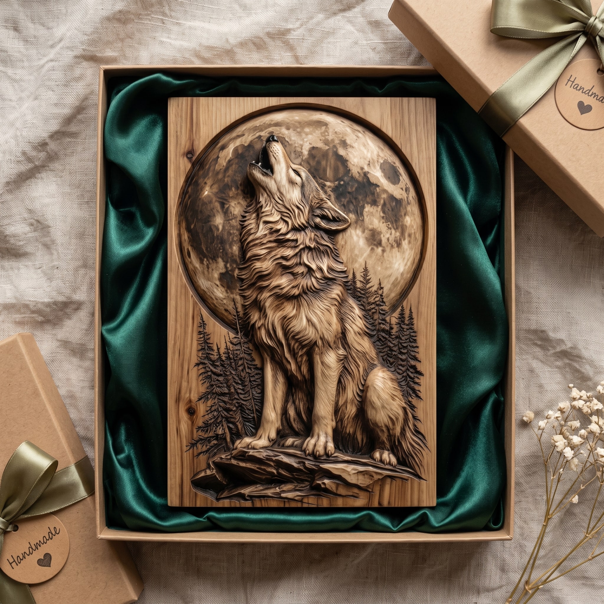 Howling Wolf and Full Moon Bas-Relief STL for CNC Carving carved in wood