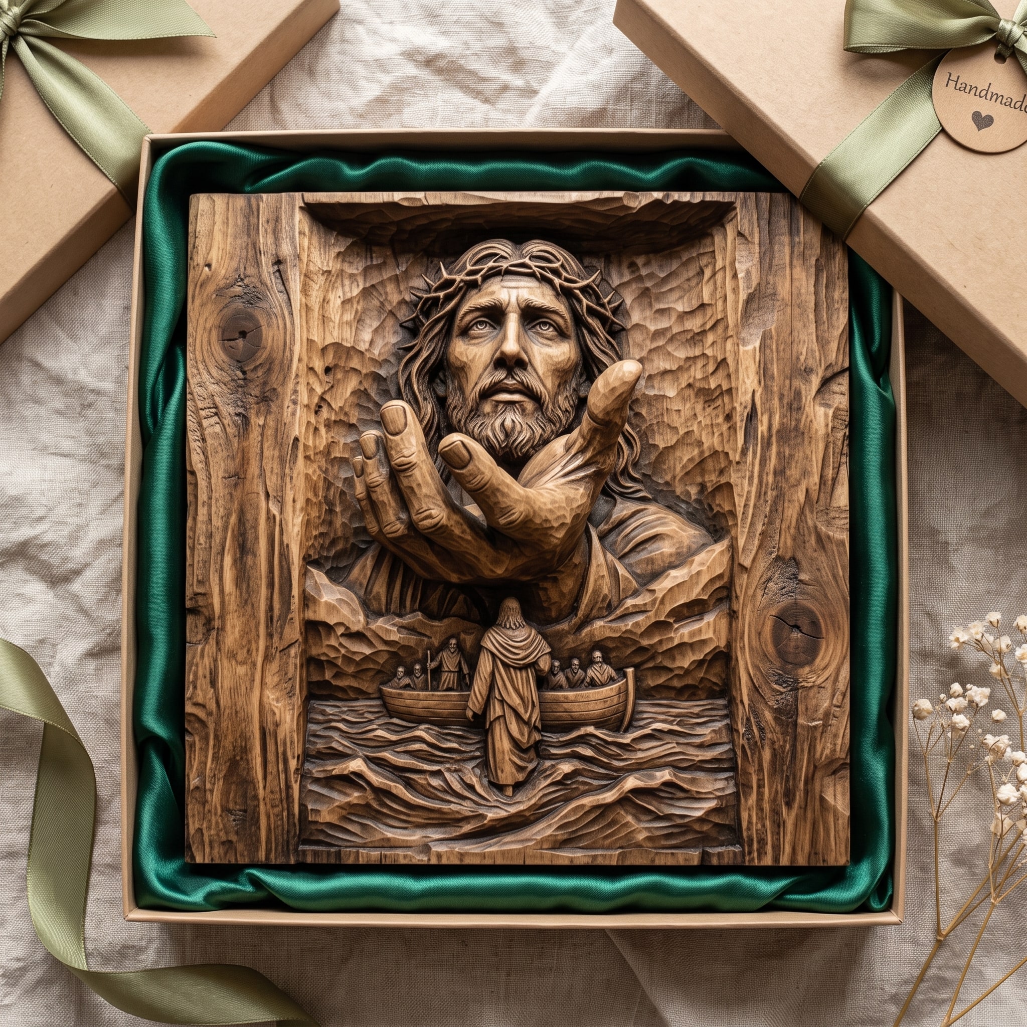 Jesus Reaching Hand and Storm on the Sea Bas-Relief STL carved in wood