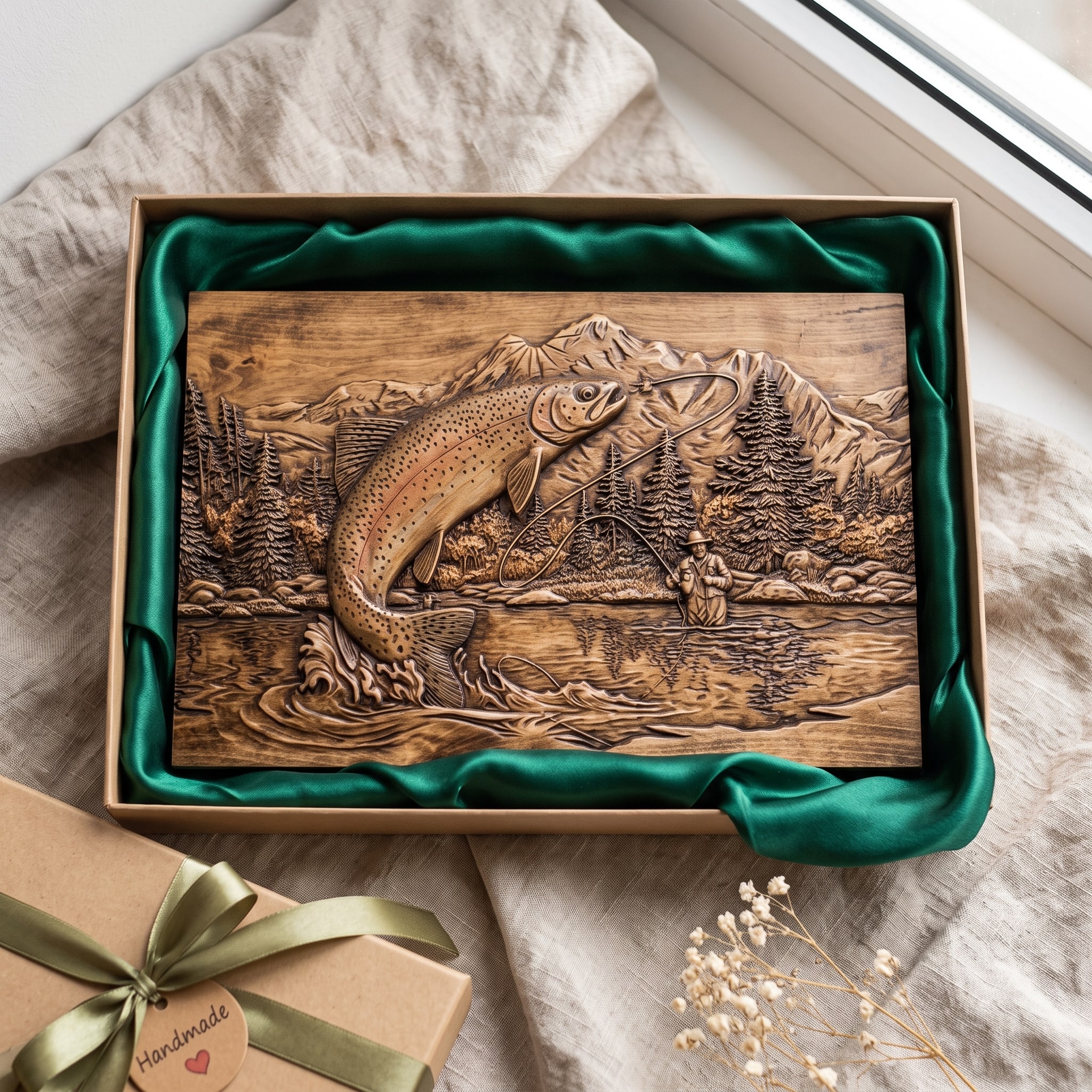 Leaping Rainbow Trout STL with Mountain River and Fly Angler carved in wood