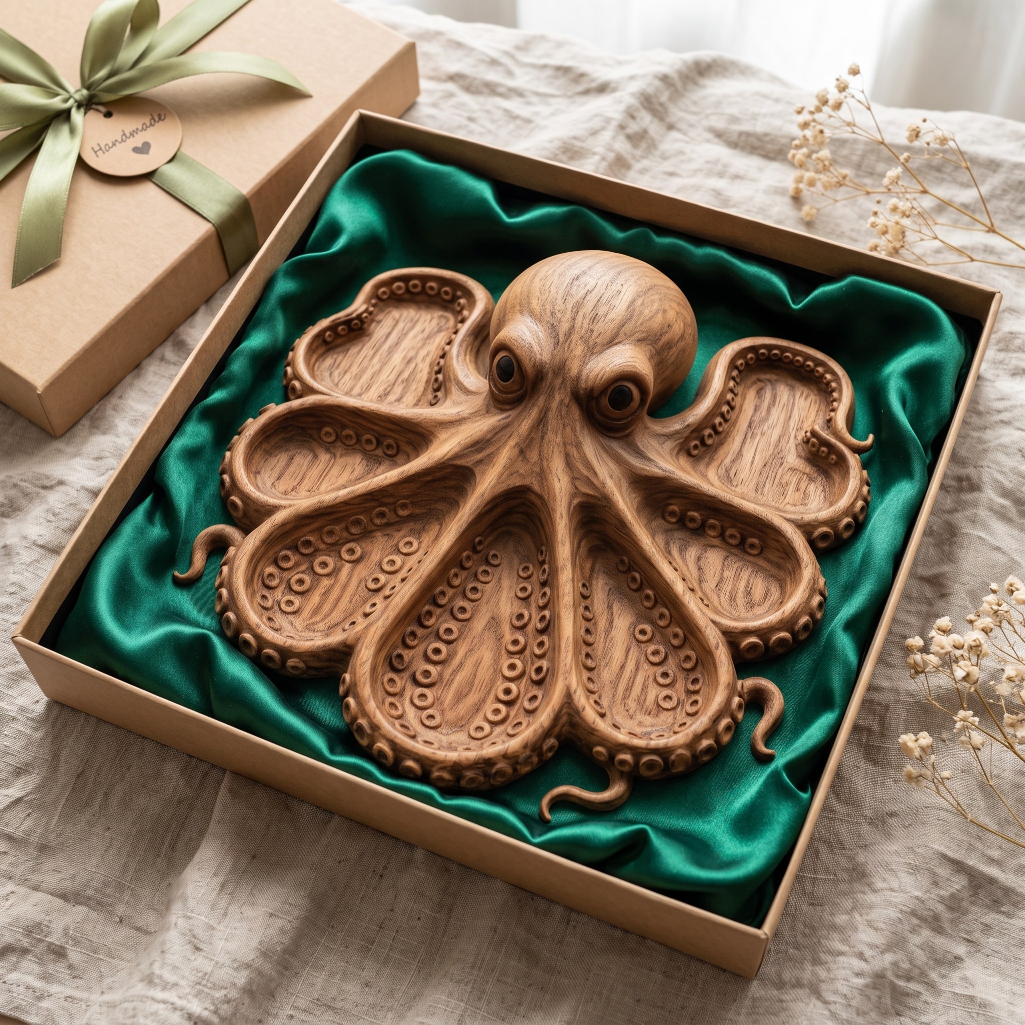Octopus Serving Tray with Eight Tentacle Wells STL Relief carved in wood