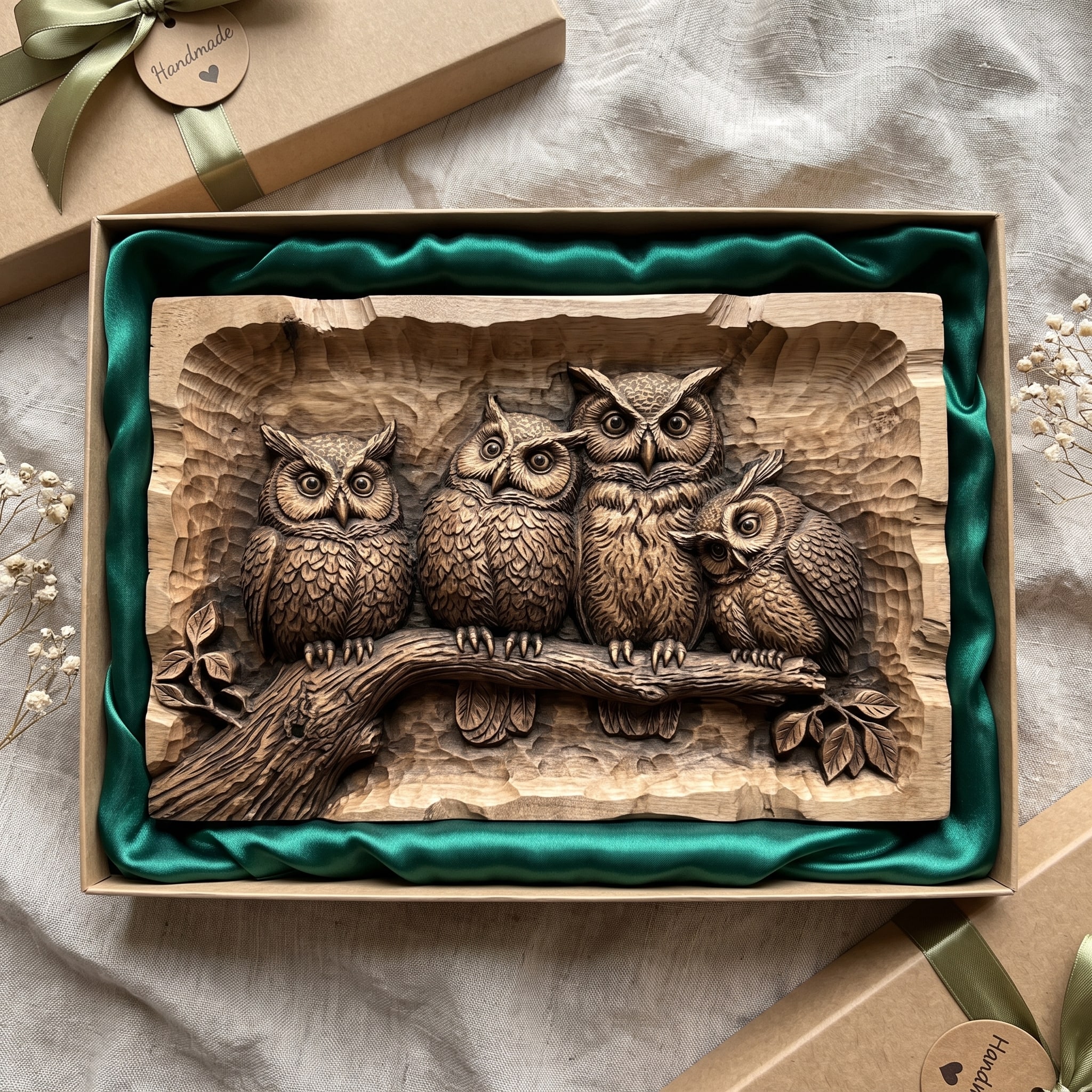 Owl Family on a Branch Bas-Relief STL for CNC Carving carved in wood
