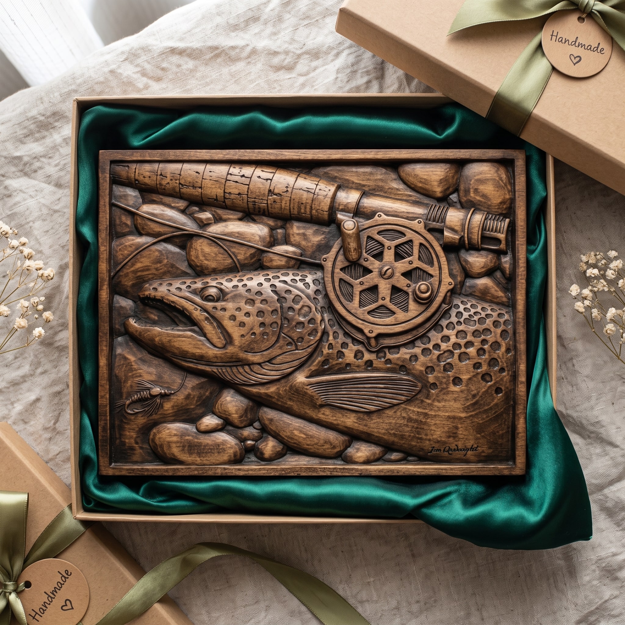 Brown Trout, Fly Reel and Mayfly Riverbed Relief STL carved in wood
