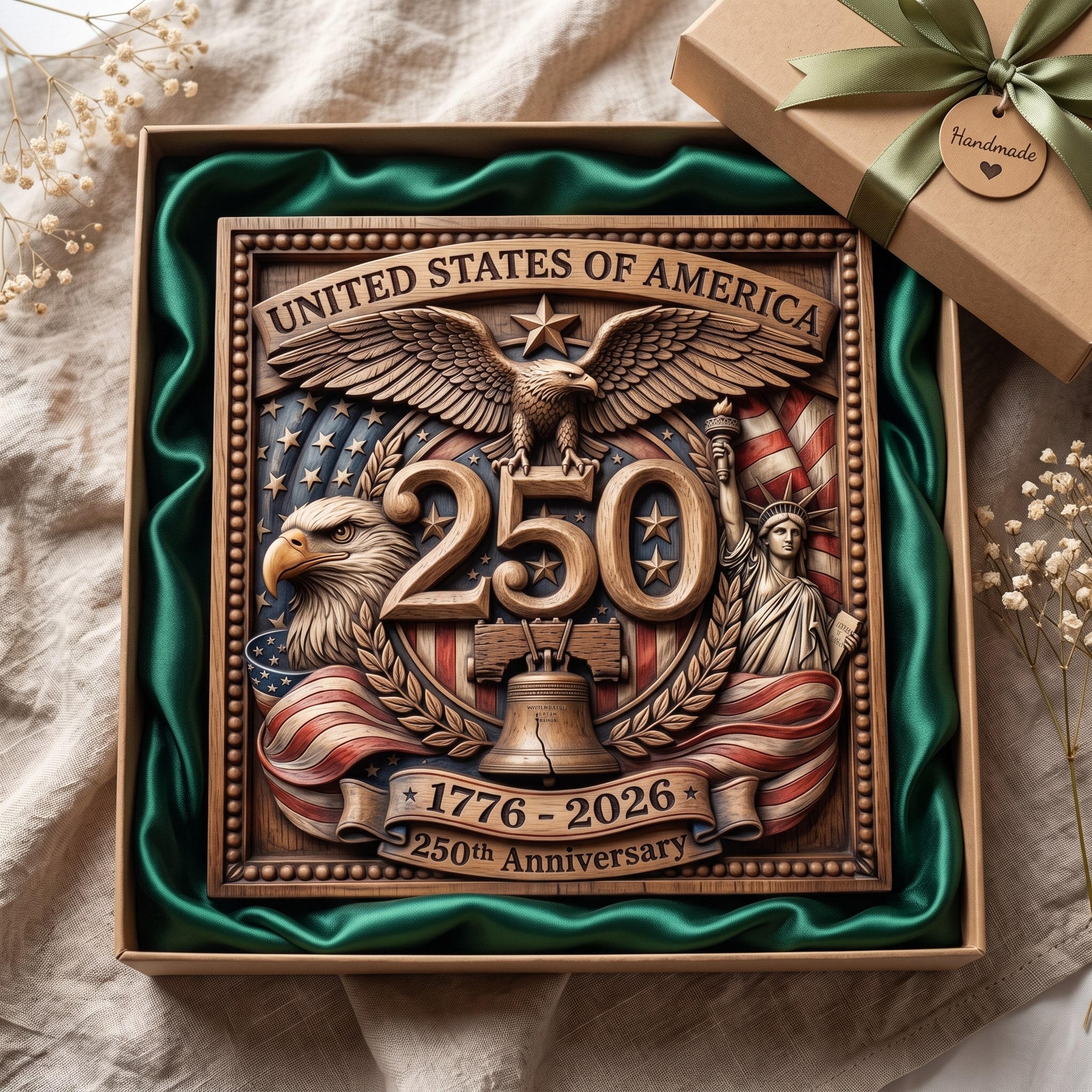 USA 250th Anniversary Eagle & Liberty Bell Relief Plaque carved in wood