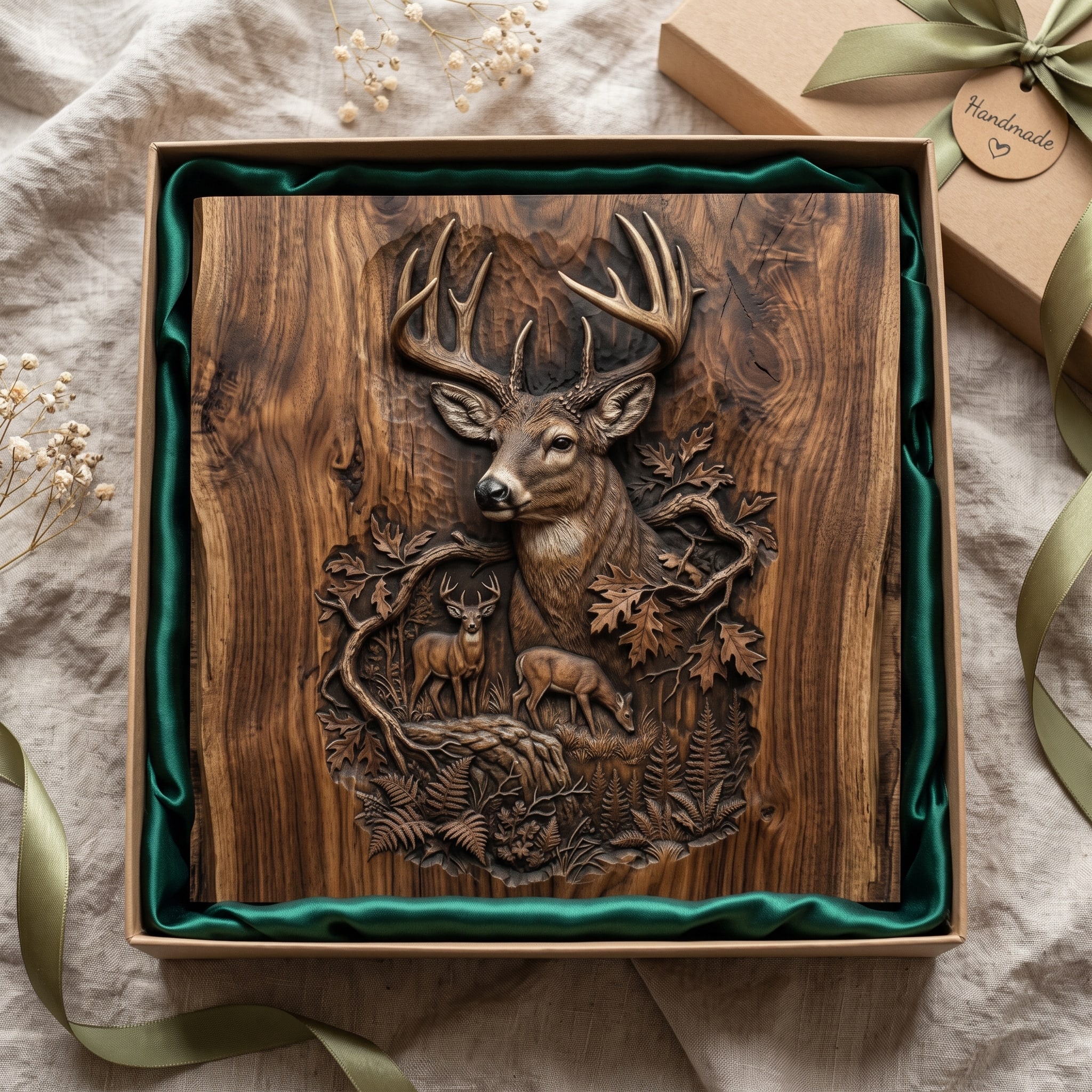 Whitetail Buck and Forest Scene Bas-Relief STL Carving carved in wood