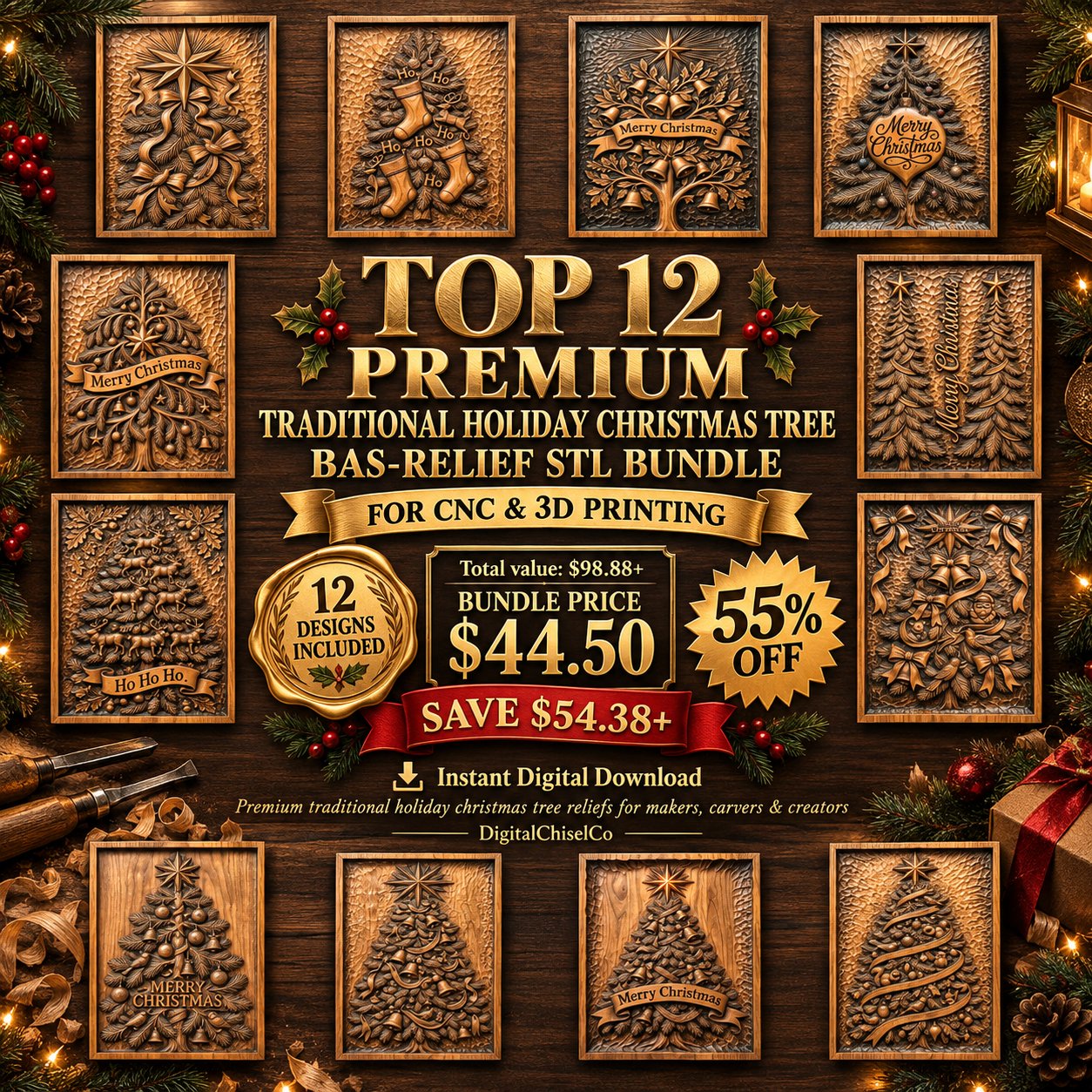 12 Christmas Trees Mega Bundle CNC Relief STL