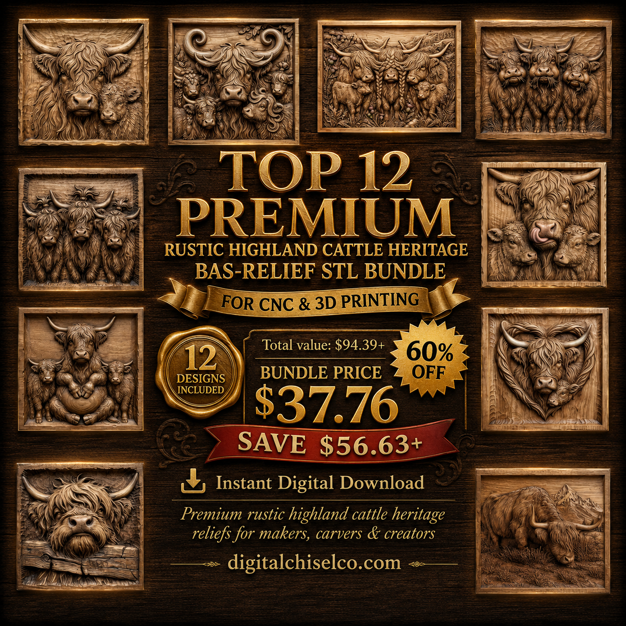 12 Highland Cow Mega Bundle CNC Relief STL bas-relief STL design