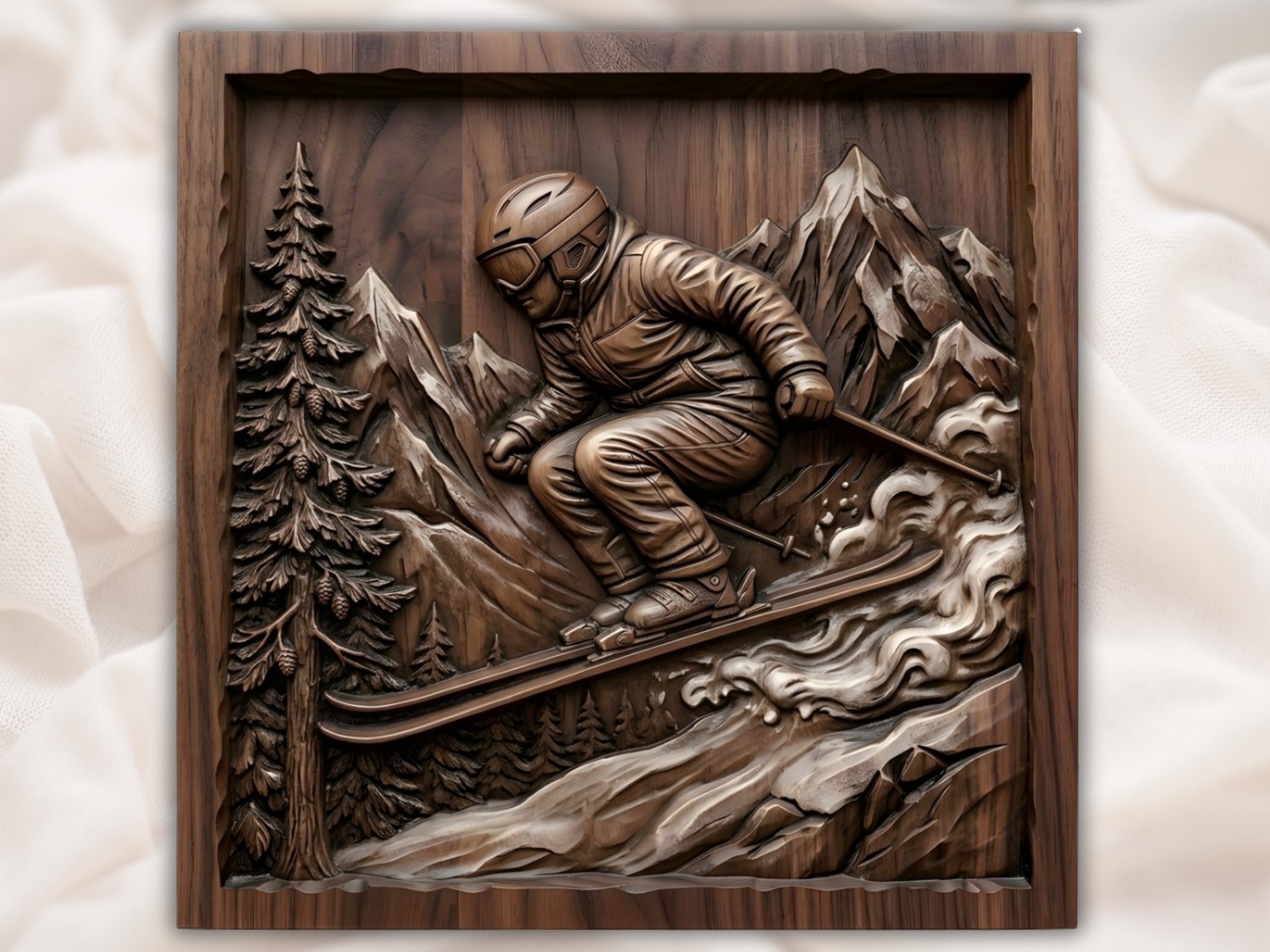 Alpine Skier Downhill Mountain Scene CNC Relief STL | Winter Sports Wall Art Panel | Rustic Cabin Decor Wood Carving Design — carved bas relief STL file for CNC
