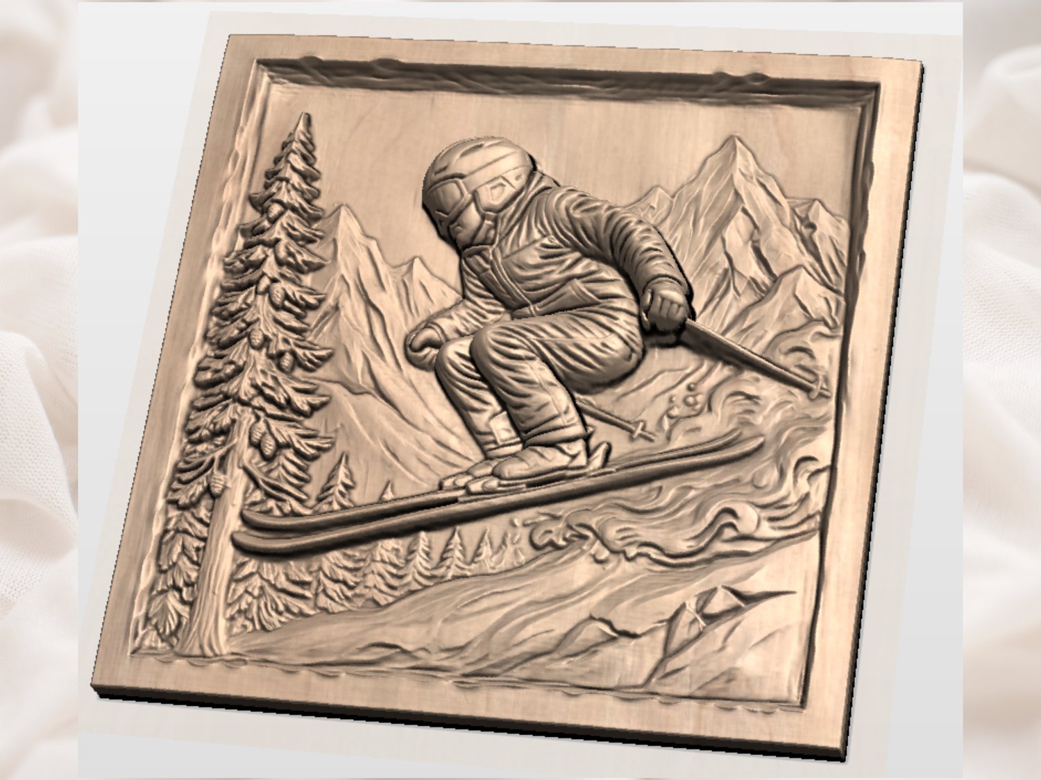Alpine Skier Downhill Mountain Scene CNC Relief STL view 3