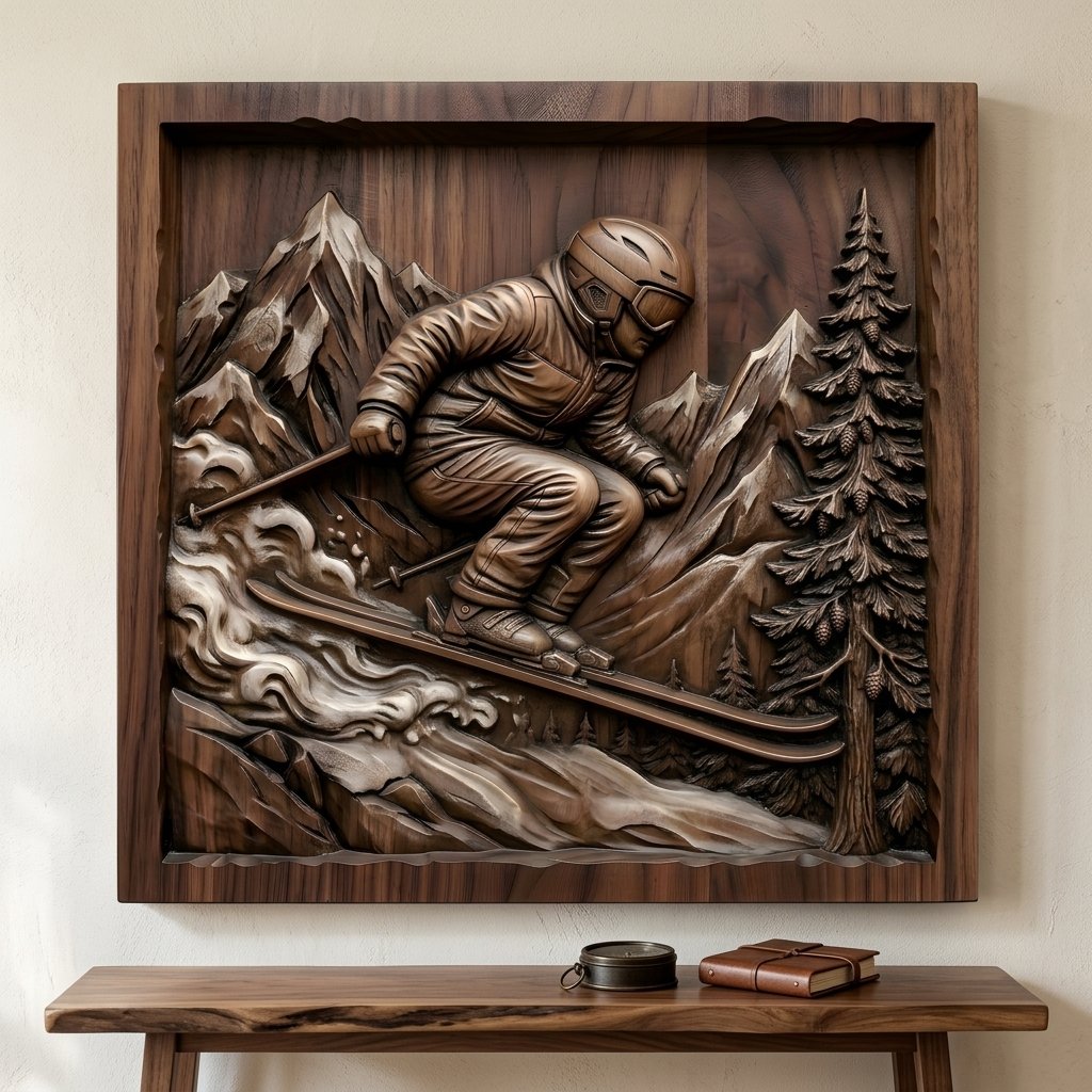 Alpine Skier Downhill Mountain Scene CNC Relief STL view 5