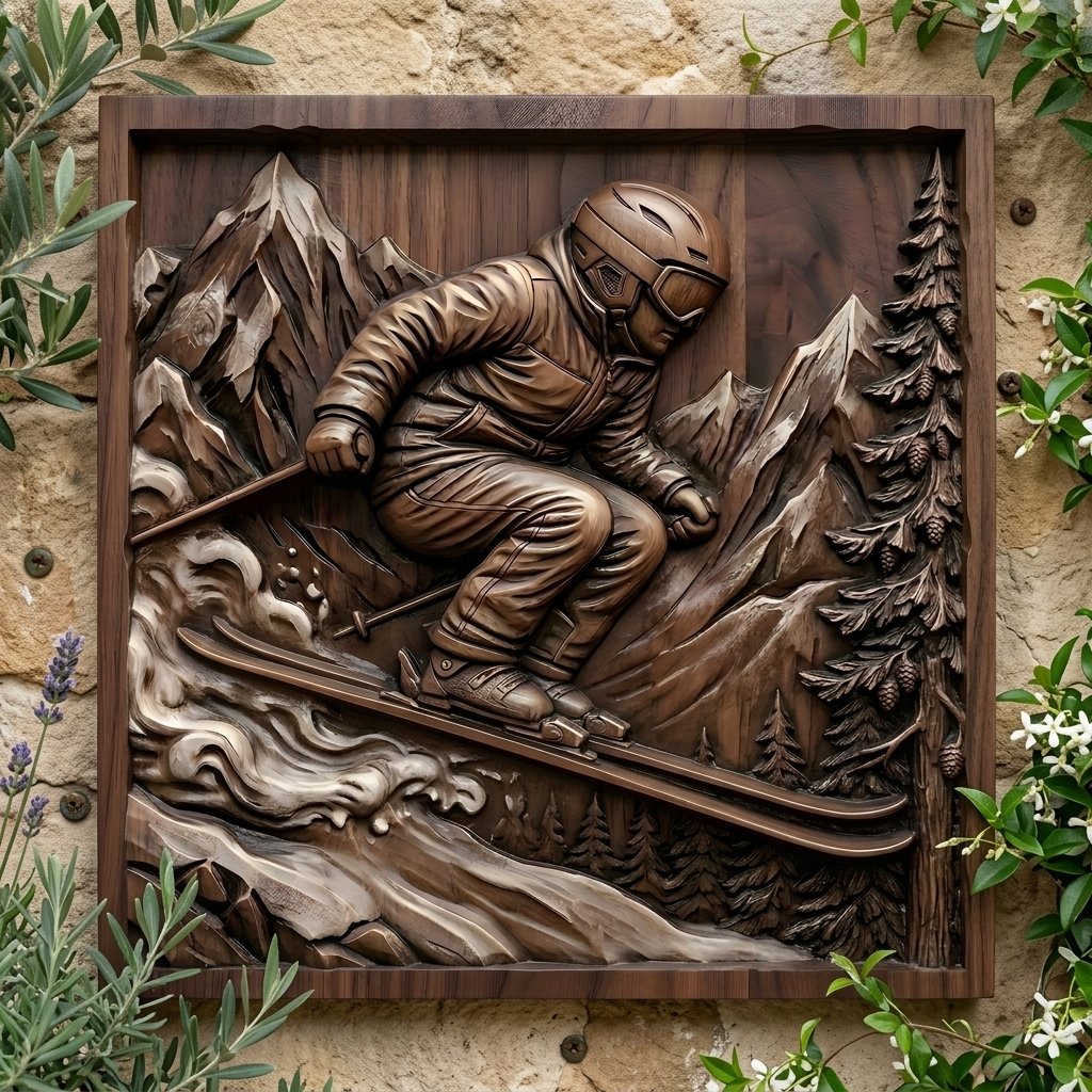Alpine Skier Downhill Mountain Scene CNC Relief STL view 7