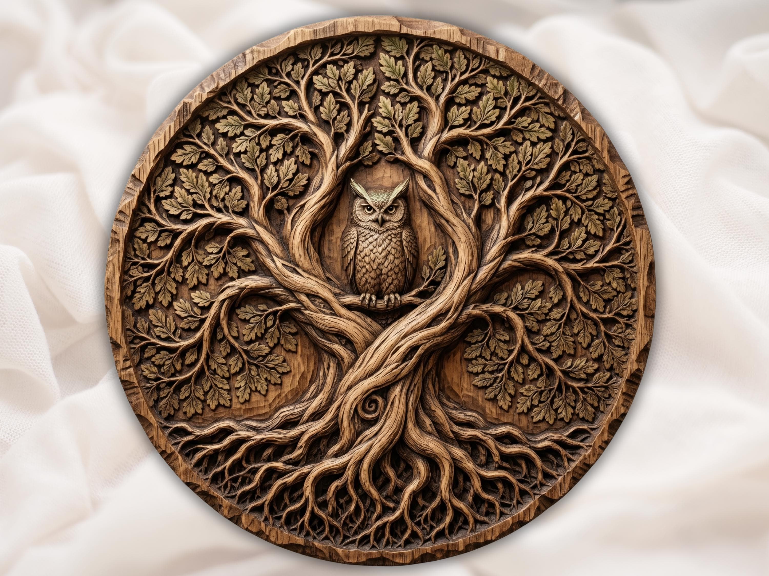 Owl in the Ancient Oak Tree of Life Bas-Relief STL bas-relief STL design