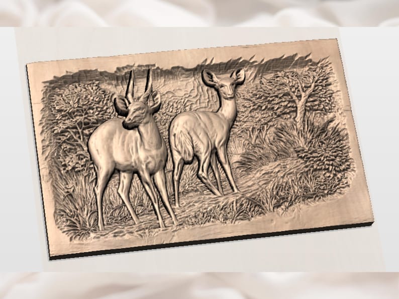 Antelope Pair 3D Relief STL File view 3