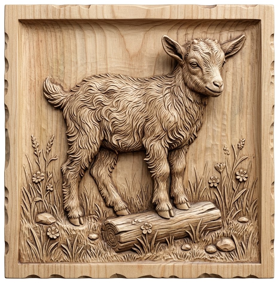 Baby Goat Kid on Log CNC Relief STL