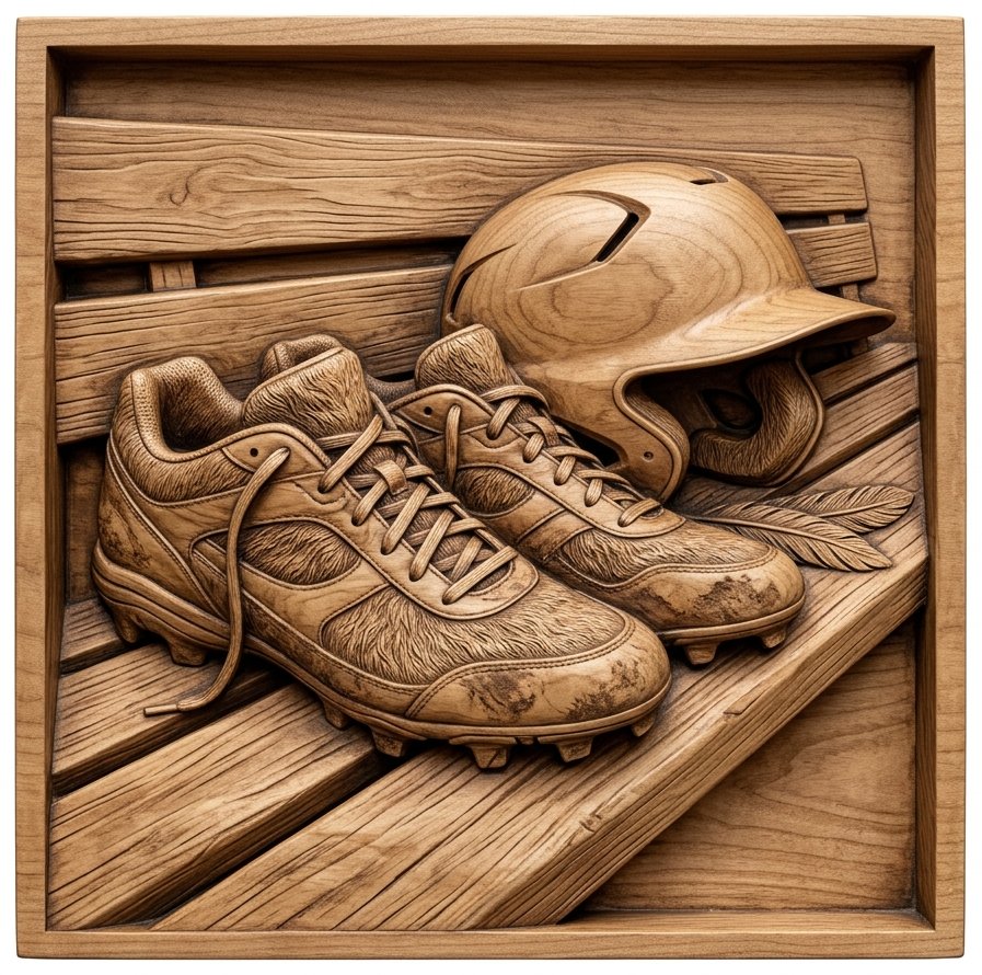 Baseball Dugout Scene Cleats and Helmet CNC Relief STL bas-relief STL design