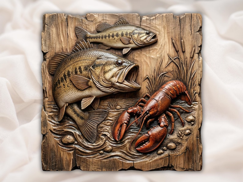 Bass & Crawfish Relief STL bas-relief STL design