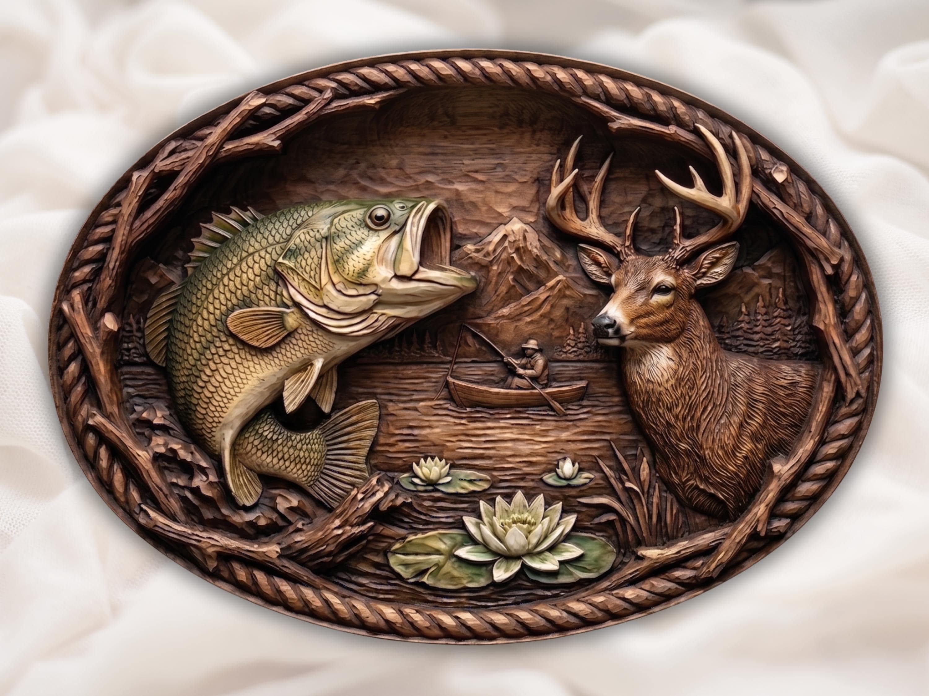 Leaping Bass and Lake Fisherman Oval Relief STL Carving bas-relief STL design