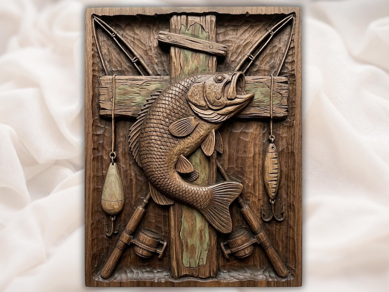 Bass Fishing Crossed Rods 3D Relief STL bas-relief STL