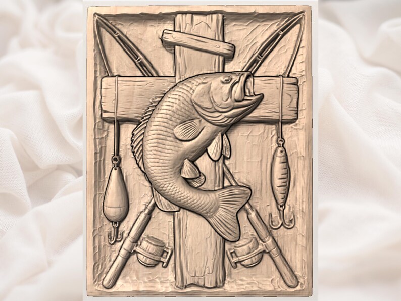 Bass Fishing Crossed Rods 3D Relief STL view 2