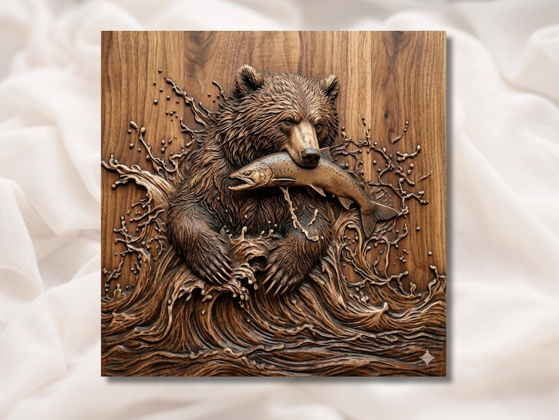 Bear Catching Fish 3D Relief STL bas-relief STL