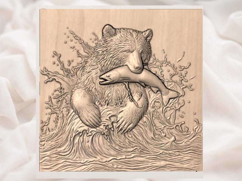 Bear Catching Fish 3D Relief STL view 2