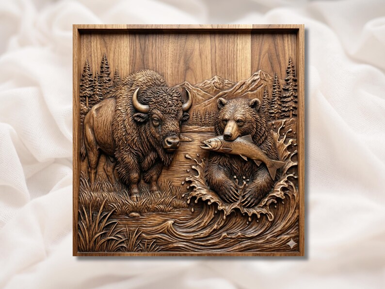 Bear Fishing & Bison 3D Relief STL bas-relief STL