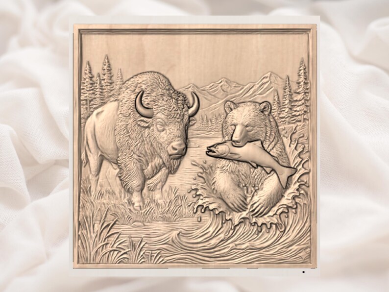 Bear Fishing & Bison 3D Relief STL view 2