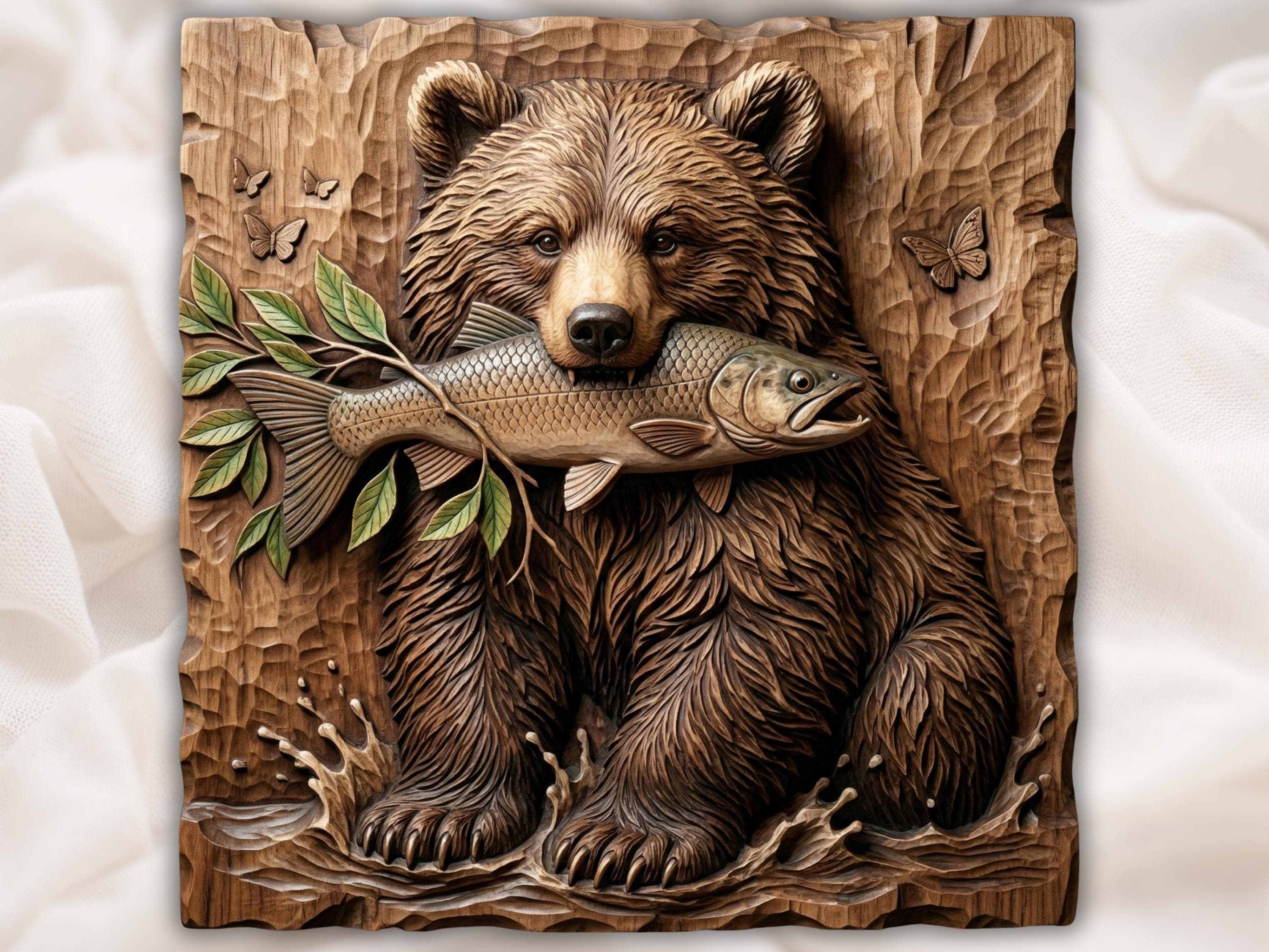 Grizzly Bear With Fresh Salmon Catch Bas-Relief STL bas-relief STL design