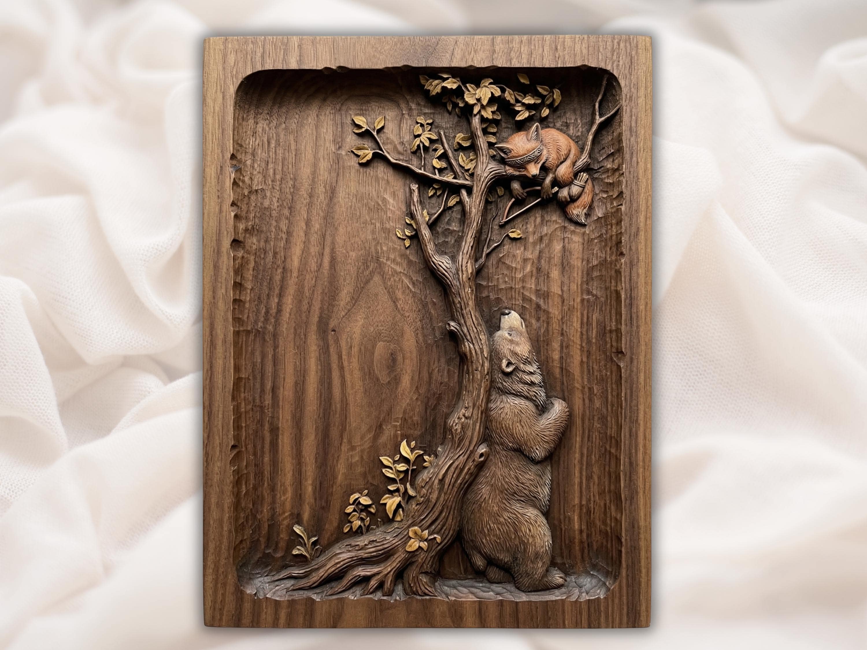 Bear and Fox in the Old Tree Bas-Relief Carving STL bas-relief STL design