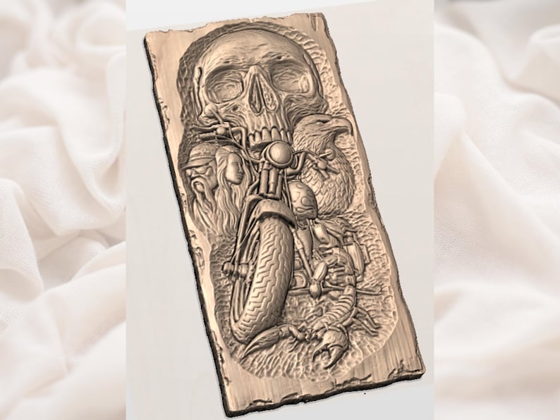 Biker Skull Motorcycle 3D Relief STL view 2