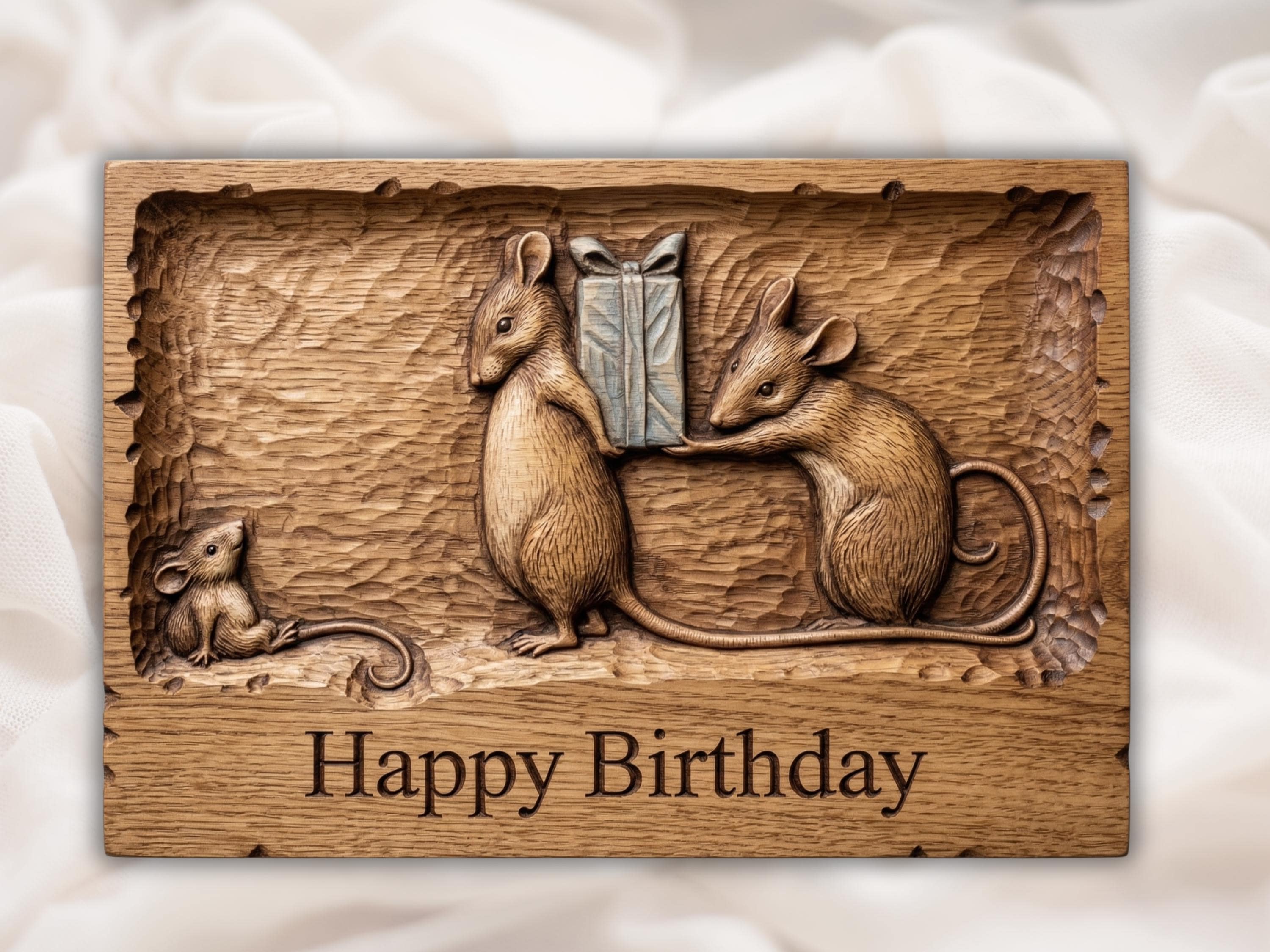Two Mice and a Wrapped Gift Happy Birthday Relief bas-relief STL design