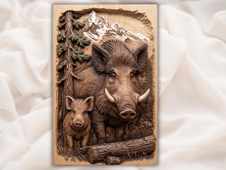 Boar Family Forest Scene STL bas-relief STL