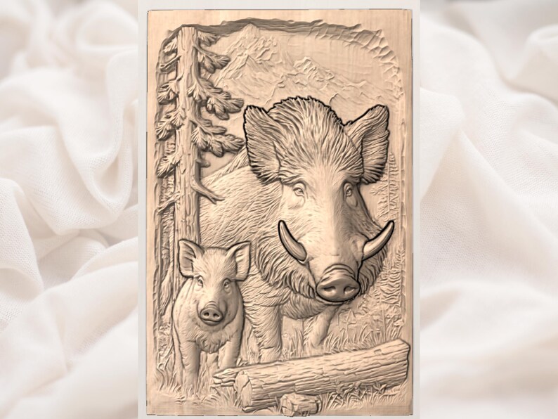 Boar Family Forest Scene STL view 3