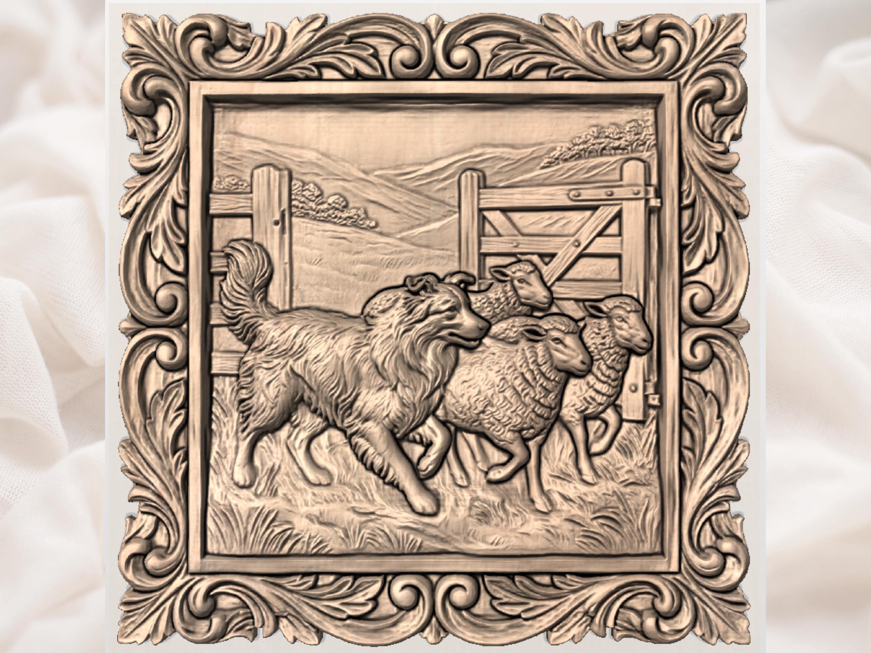 Border Collie Herding Sheep CNC Wood Carving STL Relief view 3