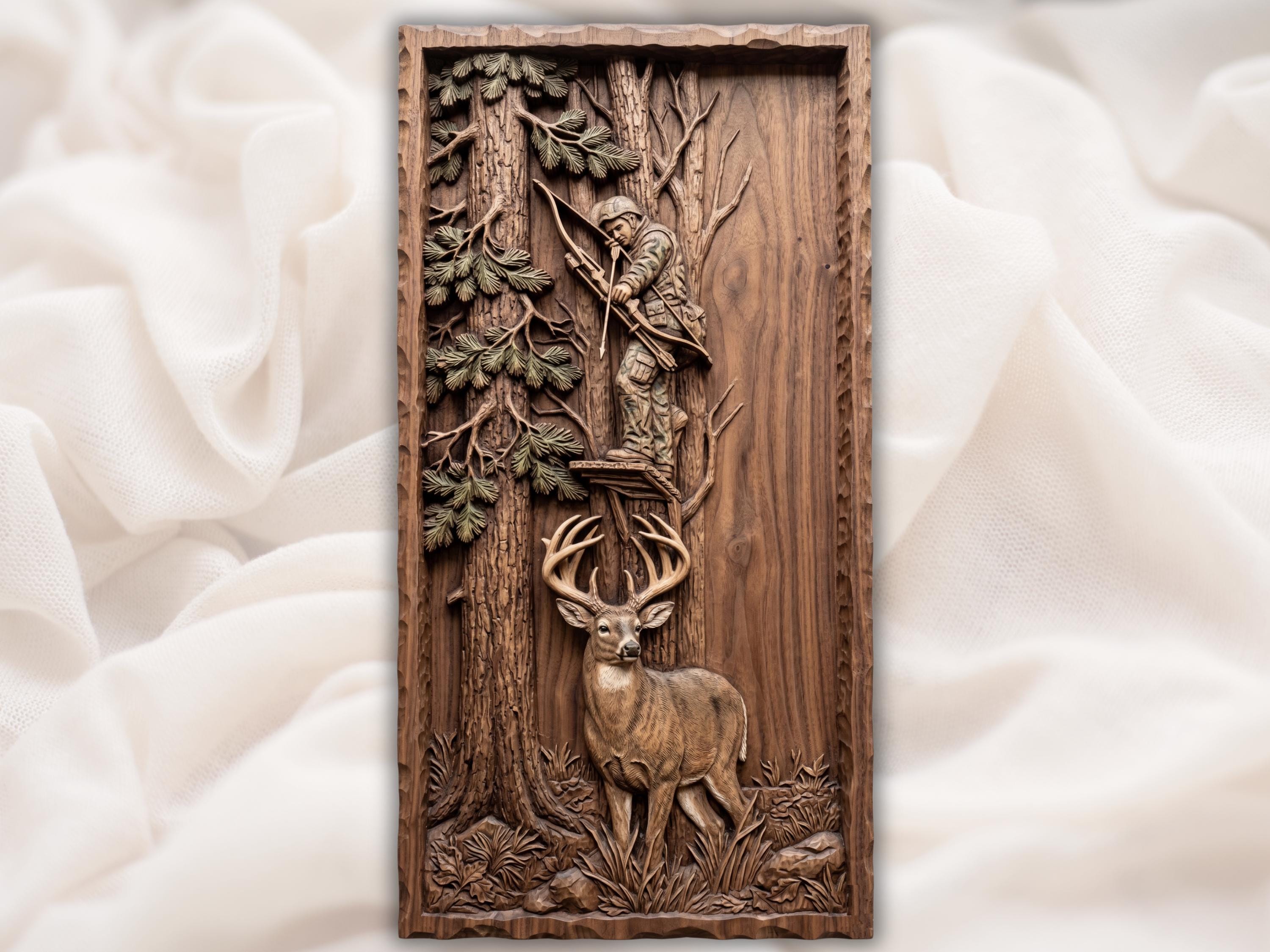 Bowhunter in Tree Stand Over Whitetail Buck Relief STL bas-relief STL design