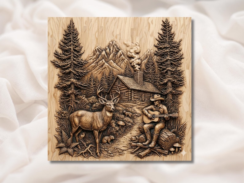 Cabin Deer & Cowboy Guitar 3D Relief STL bas-relief STL