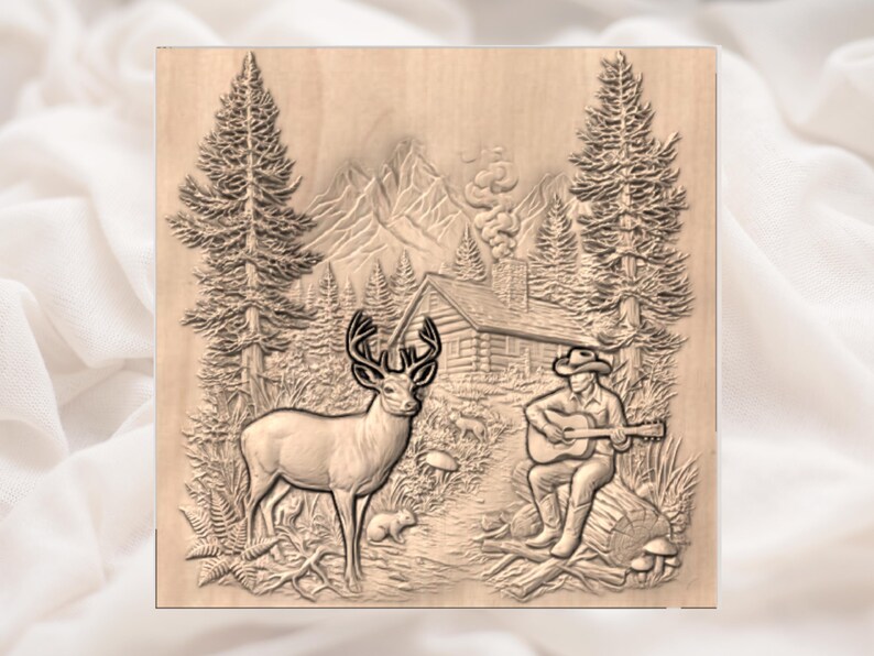 Cabin Deer & Cowboy Guitar 3D Relief STL view 2