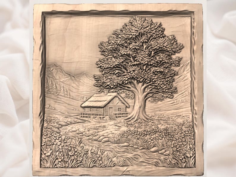 Cabin Mountain Landscape 3D Relief STL for CNC Router view 3