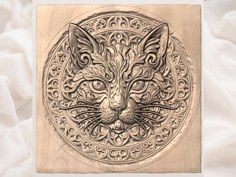 Cat Mandala 3D Relief STL view 3