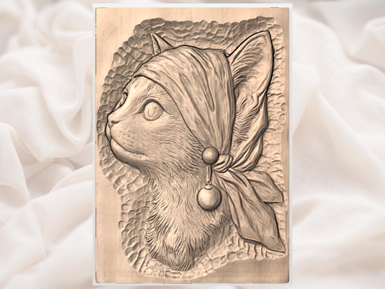 Cat with Headscarf 3D Relief STL view 3