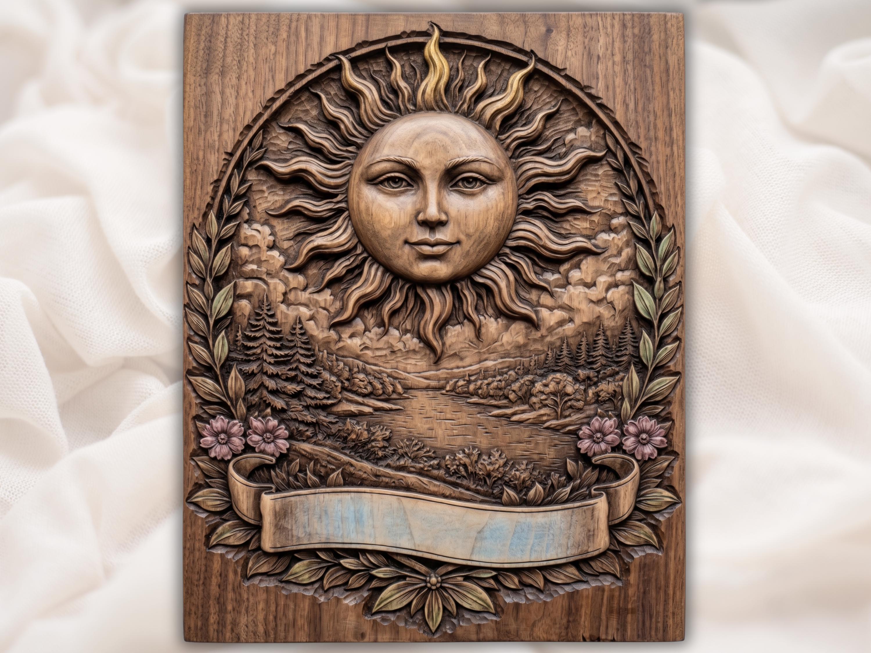 Sun Face Over Mountain Lake Bas-Relief Carving Panel bas-relief STL design