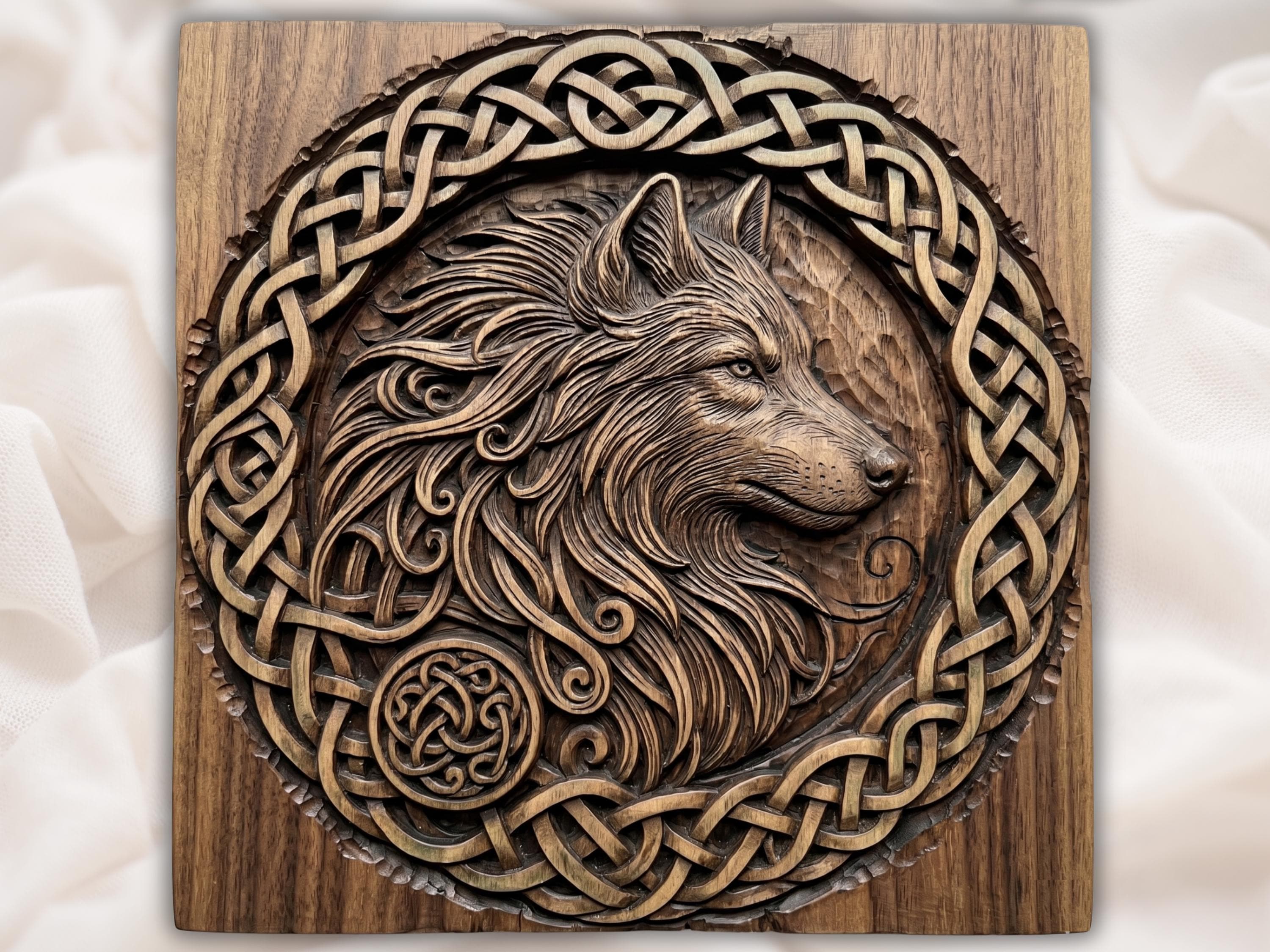 Celtic Wolf Bas-Relief with Norse Knotwork Border STL bas-relief STL design