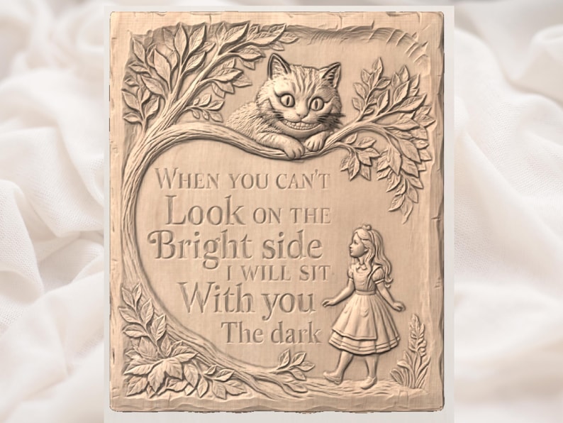 Cheshire Cat Quote 3D Relief STL view 2