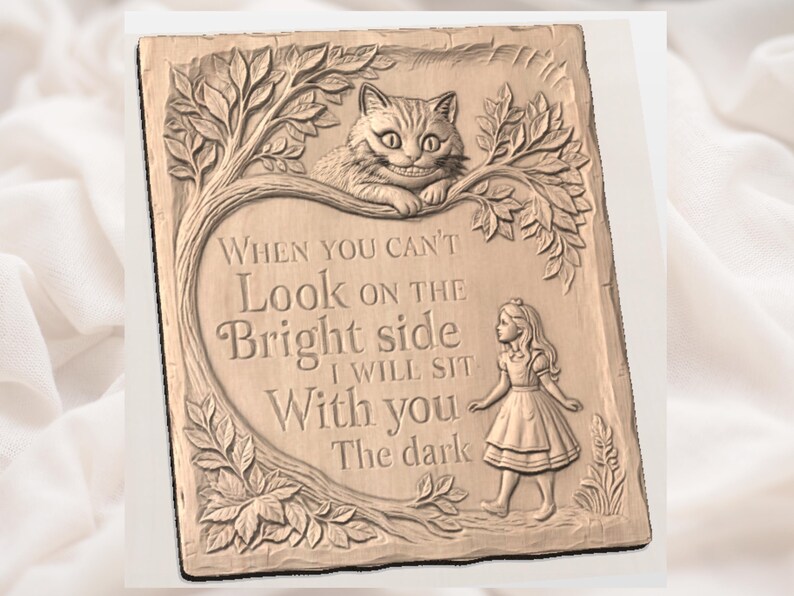Cheshire Cat Quote 3D Relief STL view 3