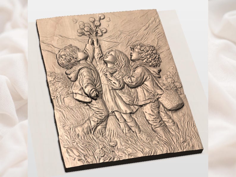 Children Picking Flowers 3D Relief STL File view 2