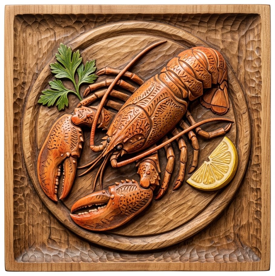 Coastal Lobster Wooden Platter Wall Art | Nautical Seafood Kitchen Decor | Gourmet Restaurant Relief Panel | Rustic Marine Crustacean Design — carved bas relief STL file for CNC