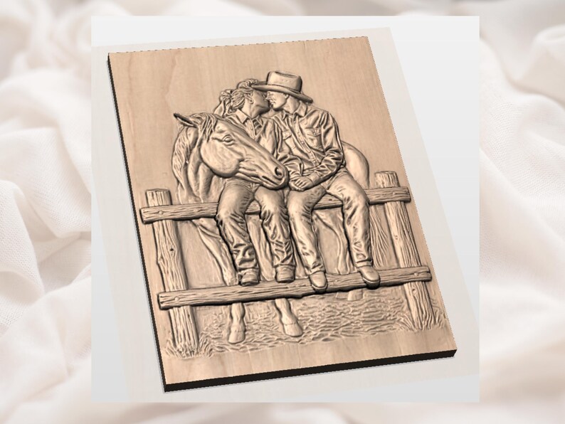 Cowboy Couple & Horse 3D Relief STL view 3