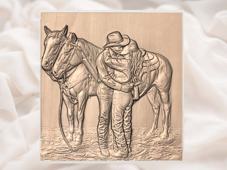Cowboy Couple Kissing 3D Relief STL view 2