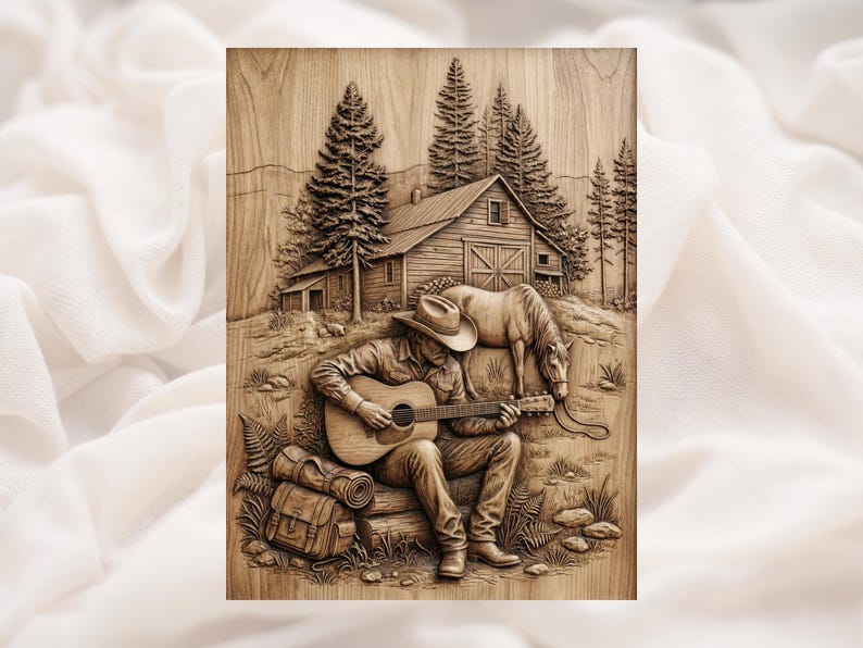 Cowboy Guitar Cabin 3D Relief STL bas-relief STL